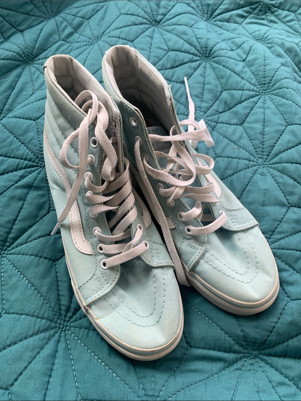Vans High-Top Canvas Sneakers in Light Blue and White Stripe